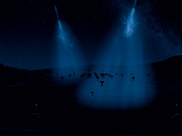 Cherenkov-Licht, das mit dem Cherenkov Telescope Array beobachtet wird (Copyright: DESY/Milde Science Comm./Exozet)