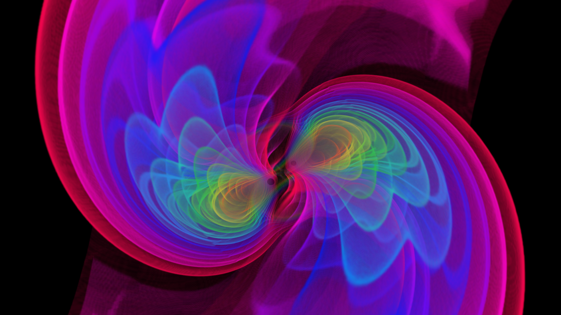 Visualization of gravitational waves produced as two black holes merge (Credits: S. Ossokine, A. Buonanno/AEI, Simulating eXtreme Spacetime project, D. Steinhauser/Airborne Hydro Mapping GmbH)